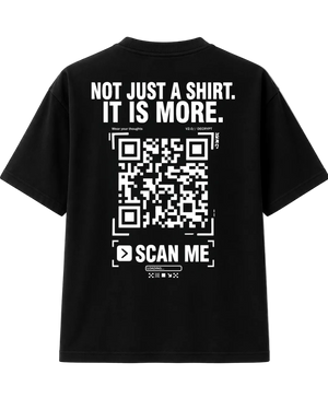 Black t-shirt with cool design featuring a QR Code on a white background