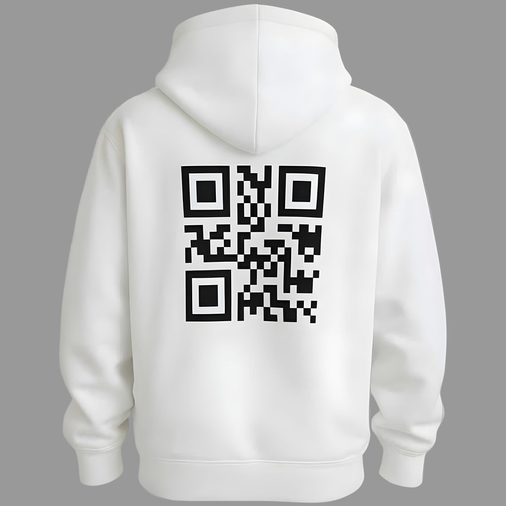 White hoodie with a QR code on the back against a gray background