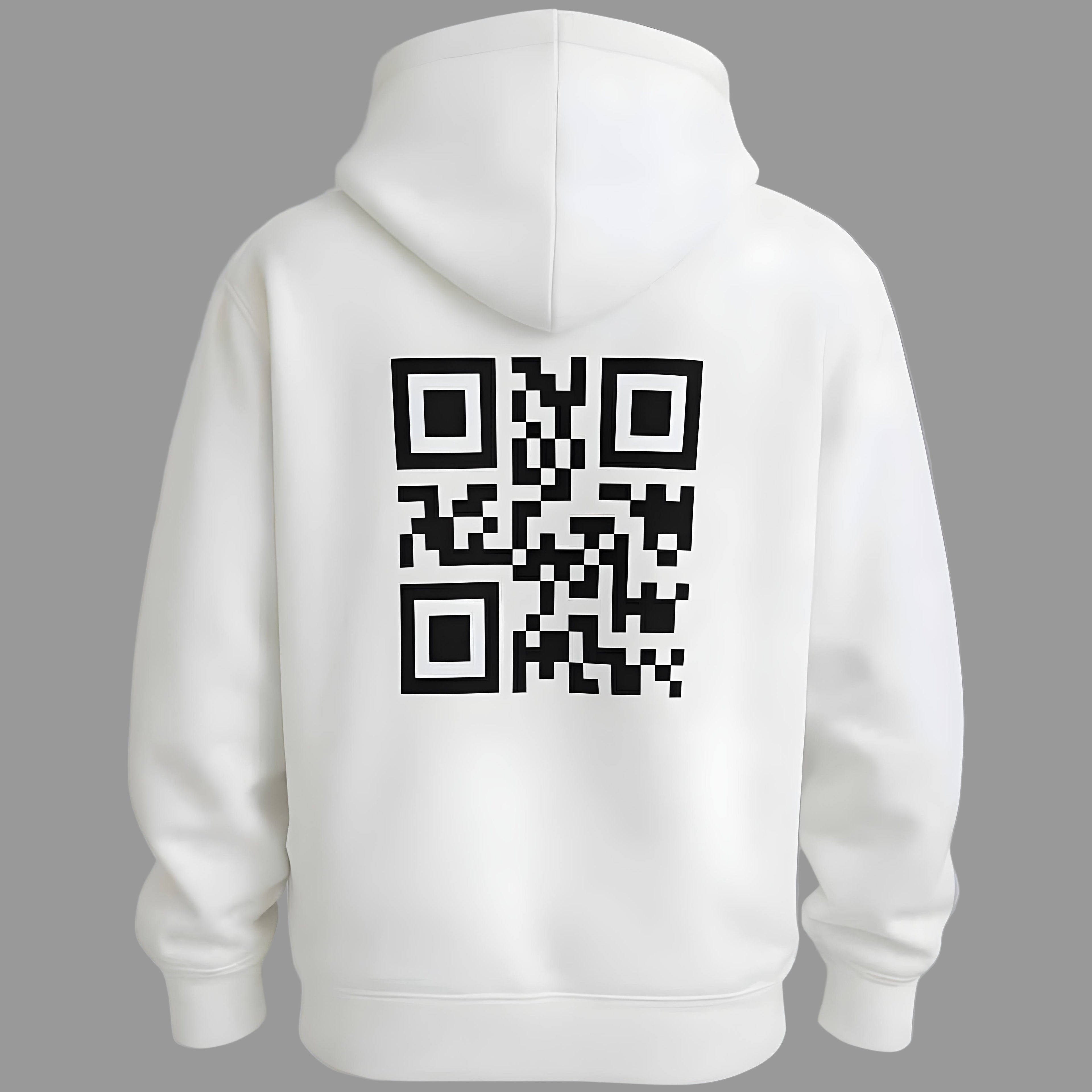 White hoodie with a QR code on the back against a gray background