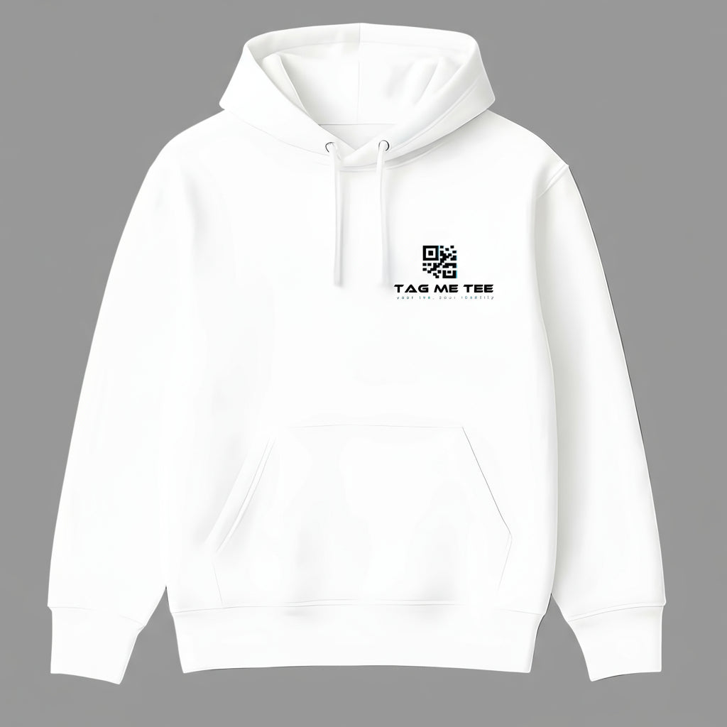 White hoodie with a QR code and text on a gray background