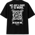 Black t-shirt with cool design featuring a QR Code on a white background