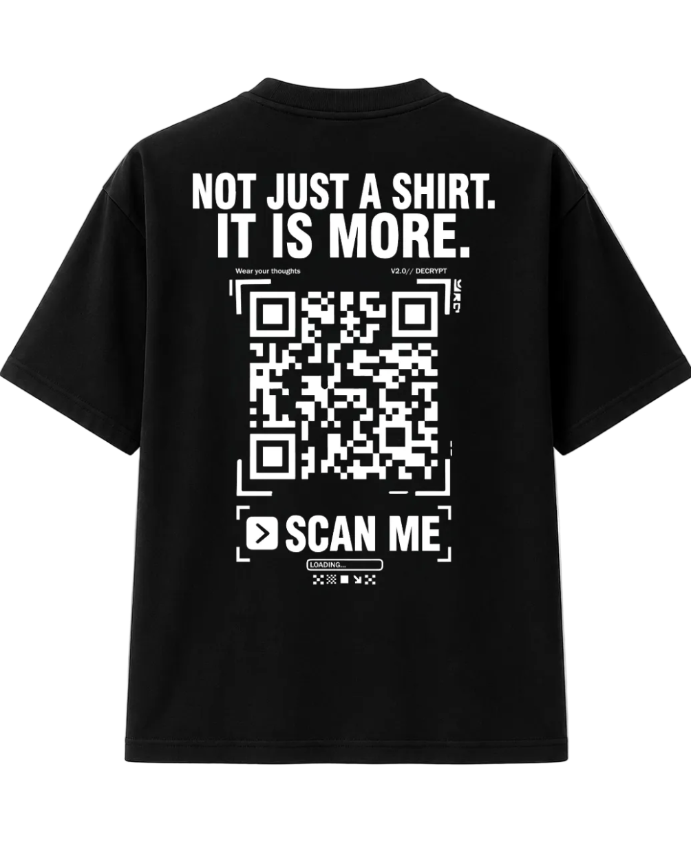 Black t-shirt with cool design featuring a QR Code on a white background