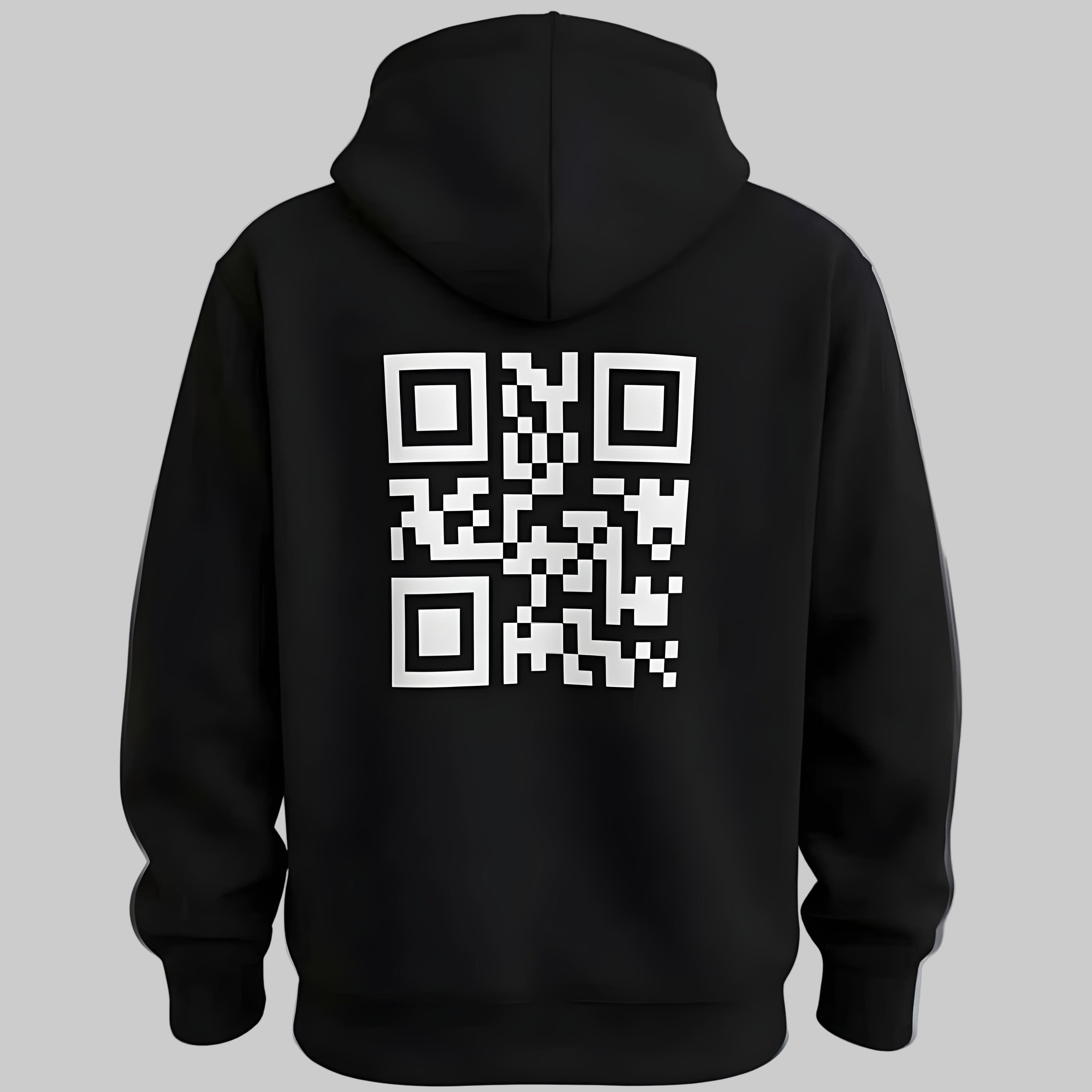 Black hoodie with a white QR code design on the back against a gray background