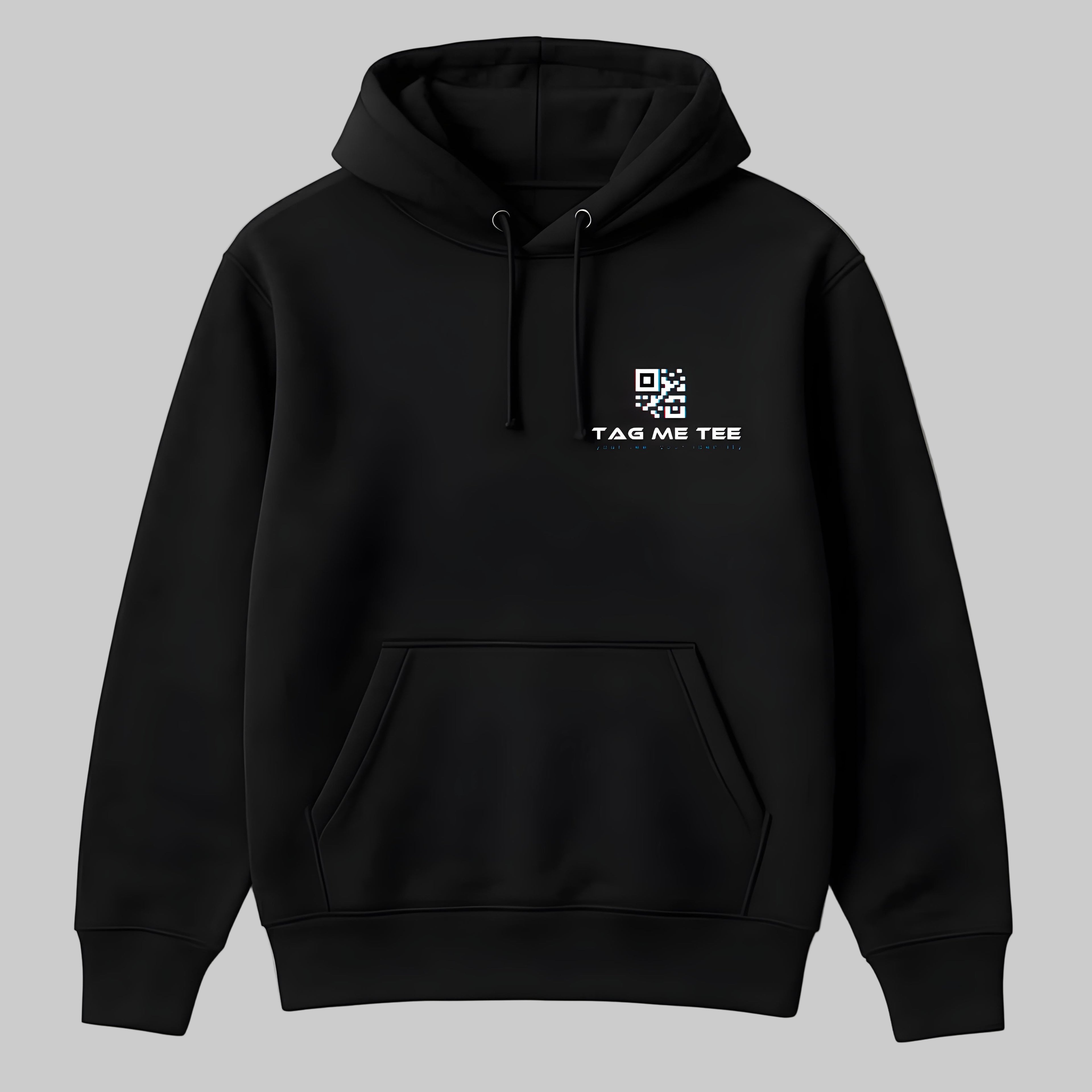 Black hoodie with a QR code and text design on a light gray background